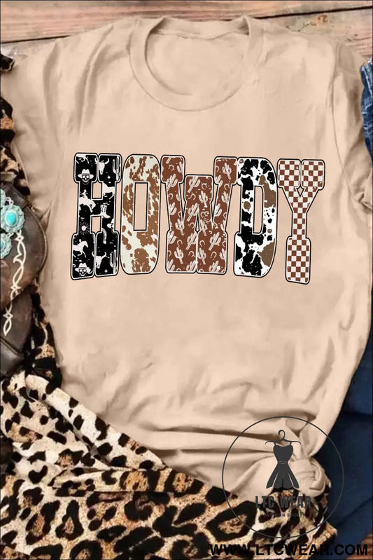 Khaki Western HOWDY Slogan Casual Graphic T-Shirt