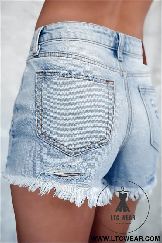 Light blue distressed ripped raw hem high waist denim shorts - denim shorts
