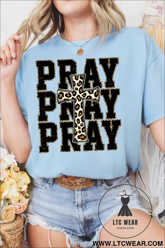 Light Blue PRAY Leopard Cross Graphic Loose Round Neck T Shirt