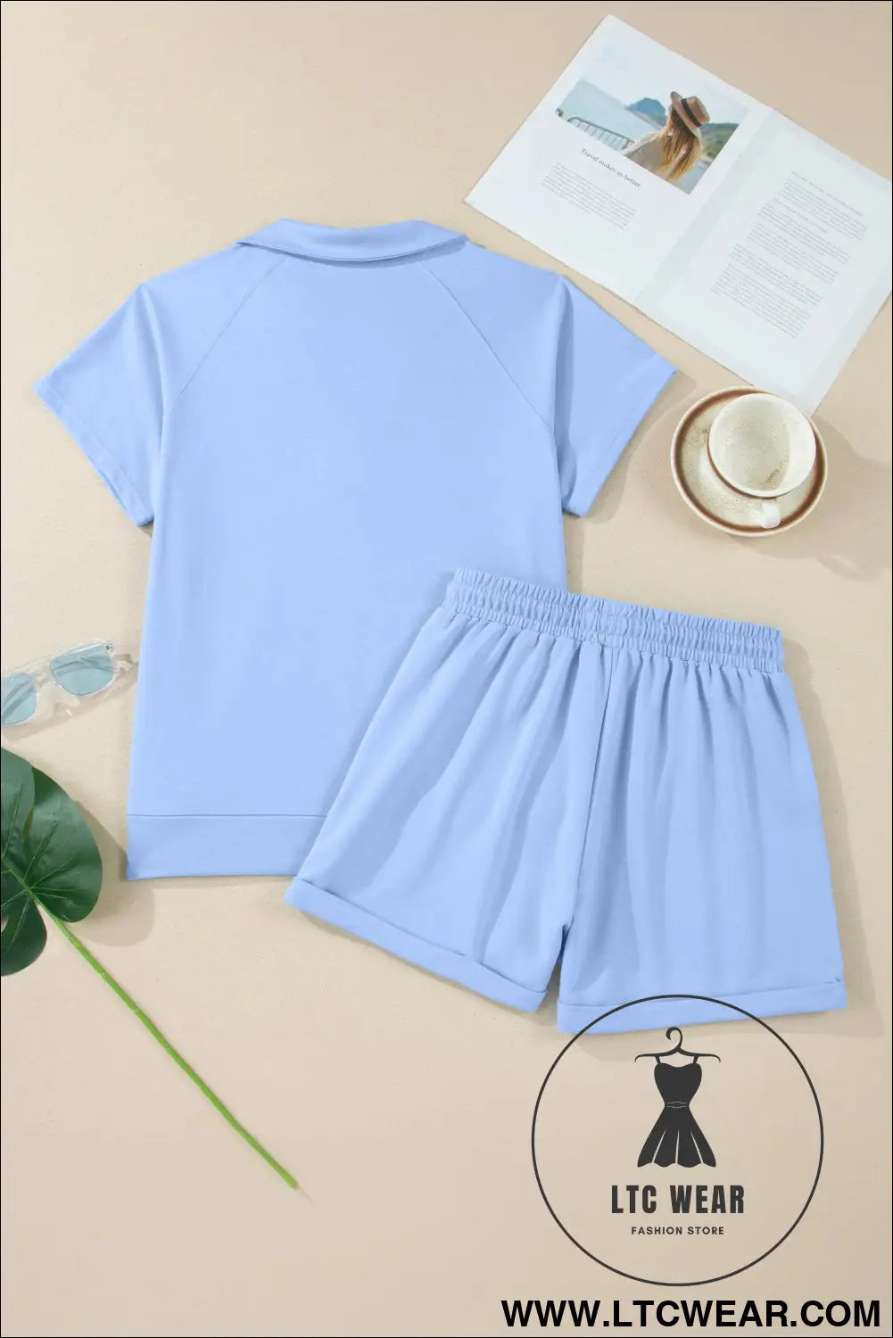 Light Grey Collared V Neck Tee Drawstring Elastic Waist Shorts 2pcs Outfit - L.T.C Wear Online Fashion Store