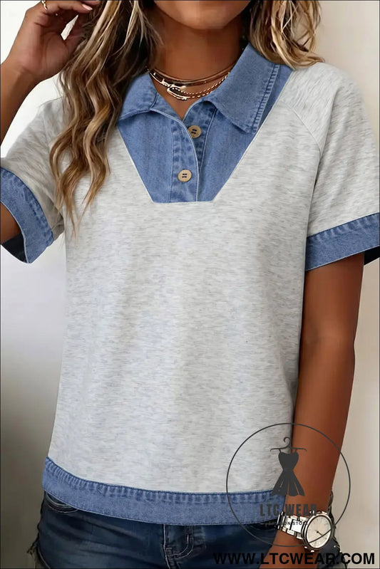 Light Grey Denim Contrast Collar Cuffed Short Sleeve Top