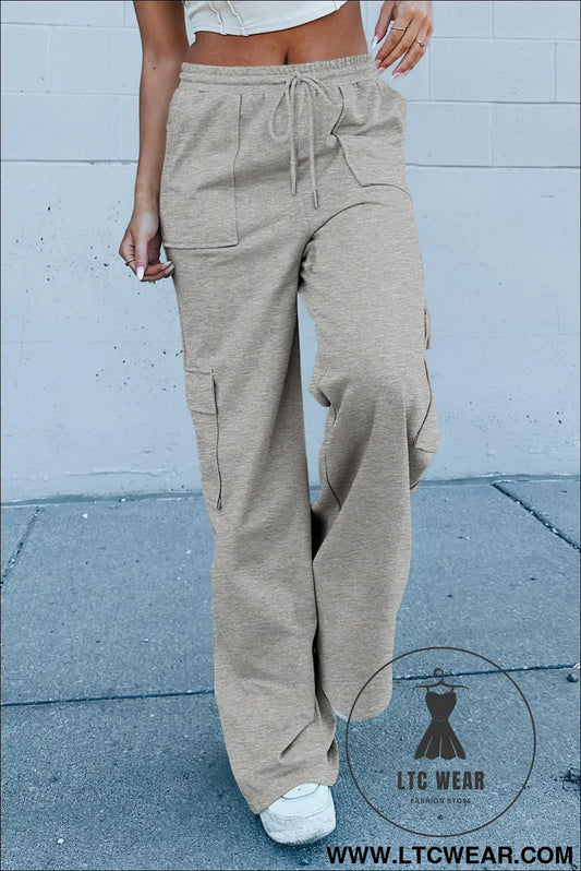 Light grey multi pockets lace up high waist wide leg workout pants - yoga pants