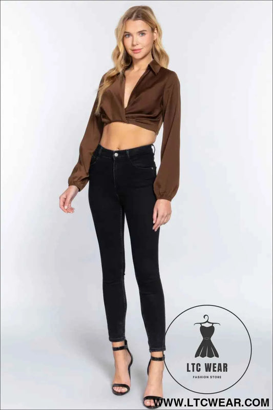 Long Sleeve Notched Collar Front Twisted Detail Crop Woven Top