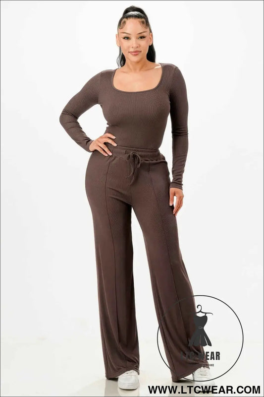 Long Sleeve Ribbed Bodysuit And Pants Set
