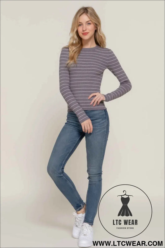 Long slv crew neck stripe sweater