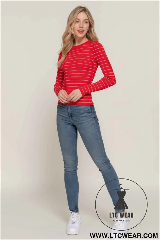 Long slv crew neck stripe sweater
