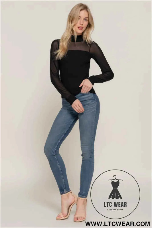 Long Slv Mesh Panel Detail Sweater Top