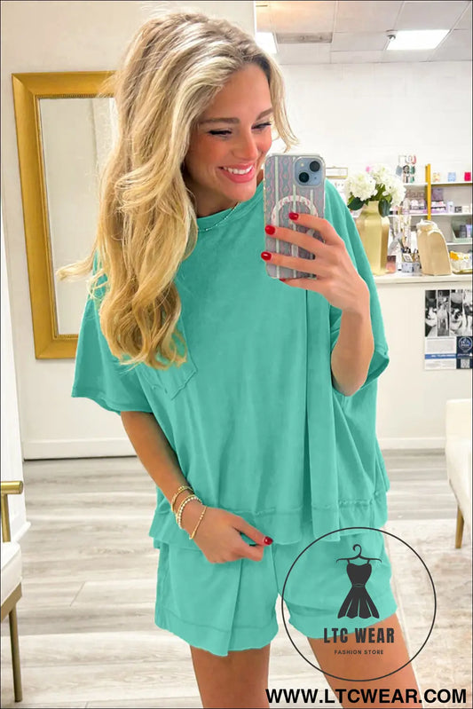 Mint green raw edge patch pocket oversized top and shorts set - short sets
