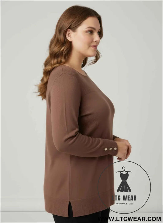 Mocha Button Cuff Ribbed Knit Tunic Top