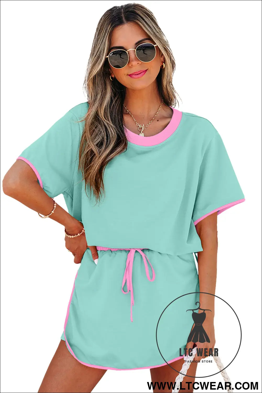 Moonlight jade colorblock edge drop shoulder t shirt and skort 2pcs set - two piece dresses