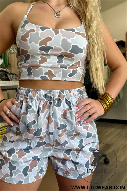 Multicolour camouflage printed cropped tank athleisure 2pcs short set - short sets