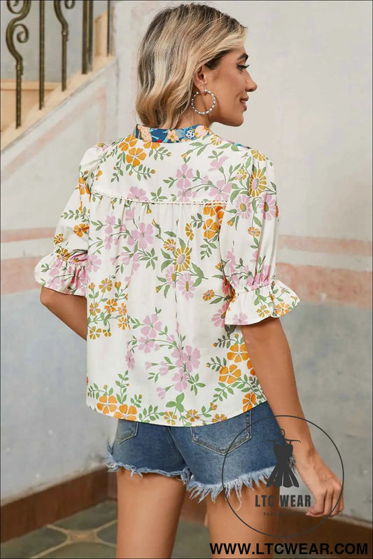 Multicolour Half Sleeve Boho Floral Pop of Color Neckline Blouse