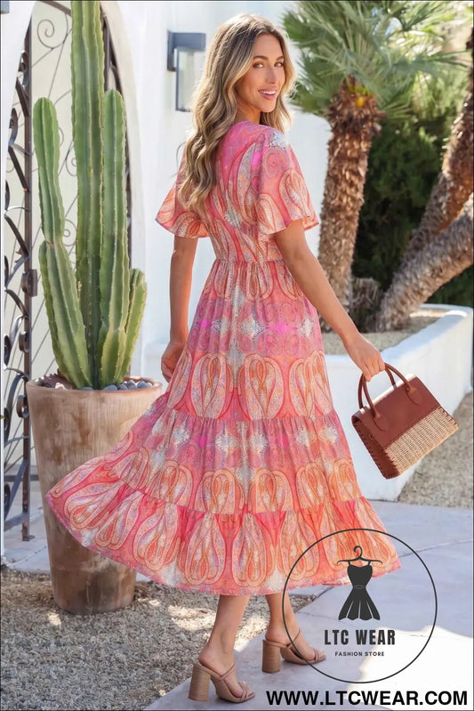 Multicolour Paisley Print V-Neck Short Sleeve Boho Maxi Dress with Ruffle Details