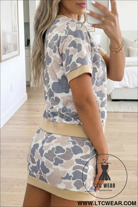 Multicolour Retro Camouflage Color Block Trim Skort 2pcs Outfit