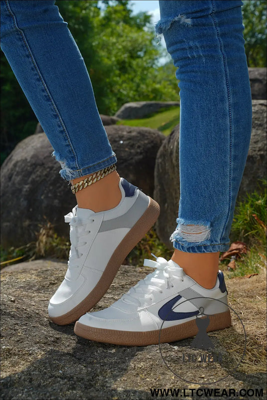 Navy blue pu leather lace up sneakers - womens shoes