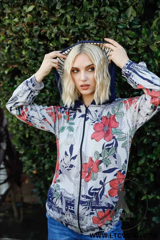 Navy Rust Flower Print Zip-up Contrast Striped Hood Sweater