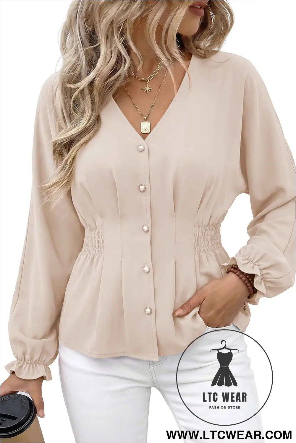 Oatmeal V Neck Long Sleeve Smocked Waist Shift Top Pullover