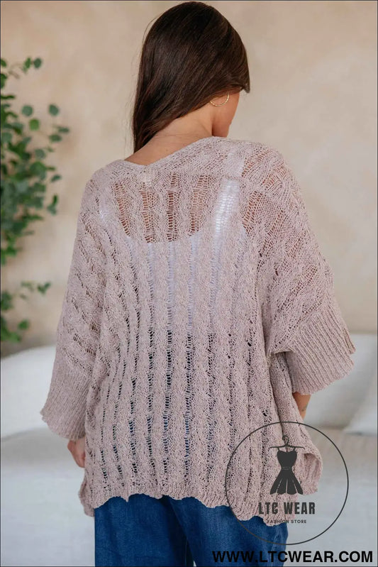 Old Rose Hollowed Pattern Knit Drop Shoulder Open Sweater Cardigan