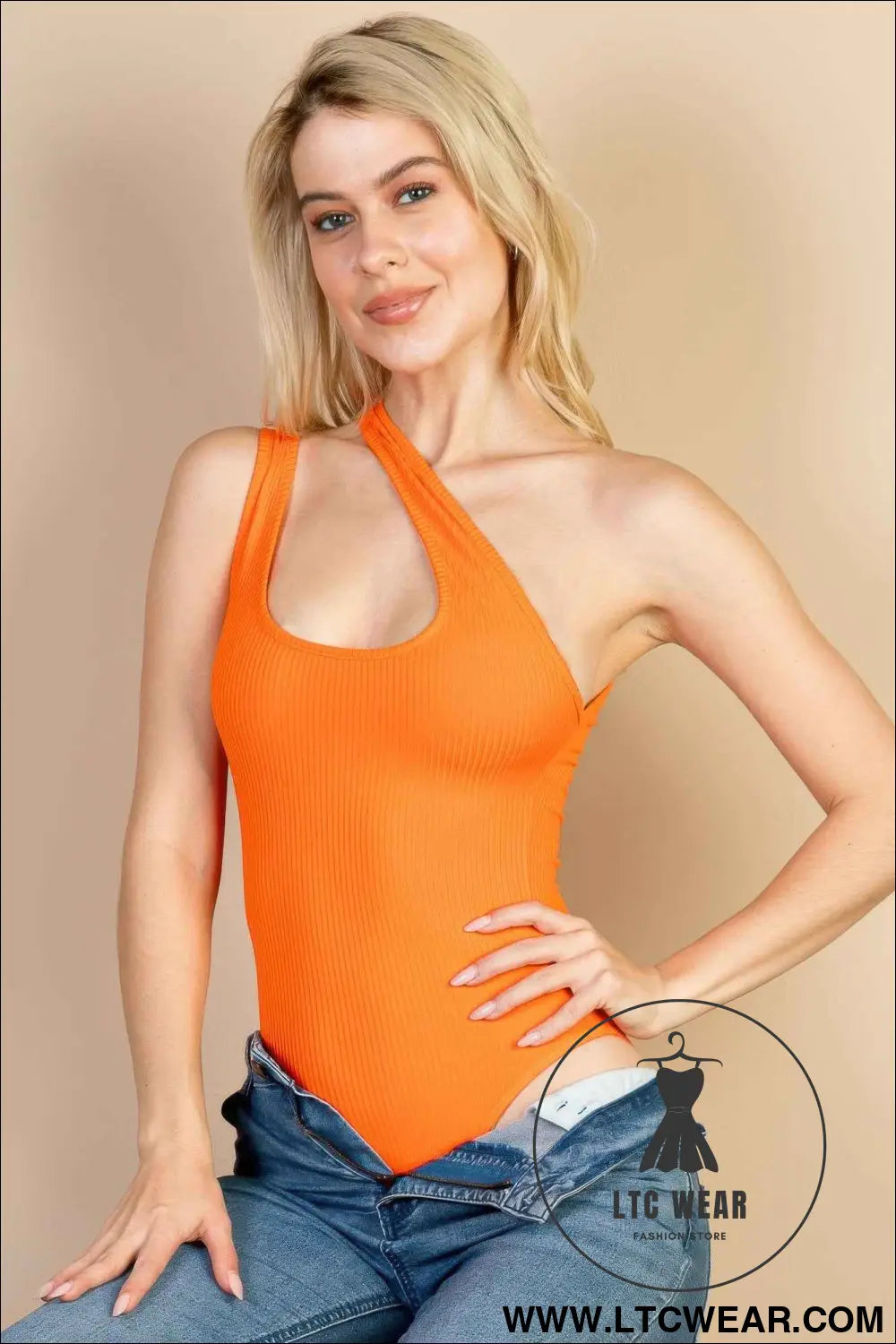 One Shoulder Cut Out Rib Knit Bodysuit