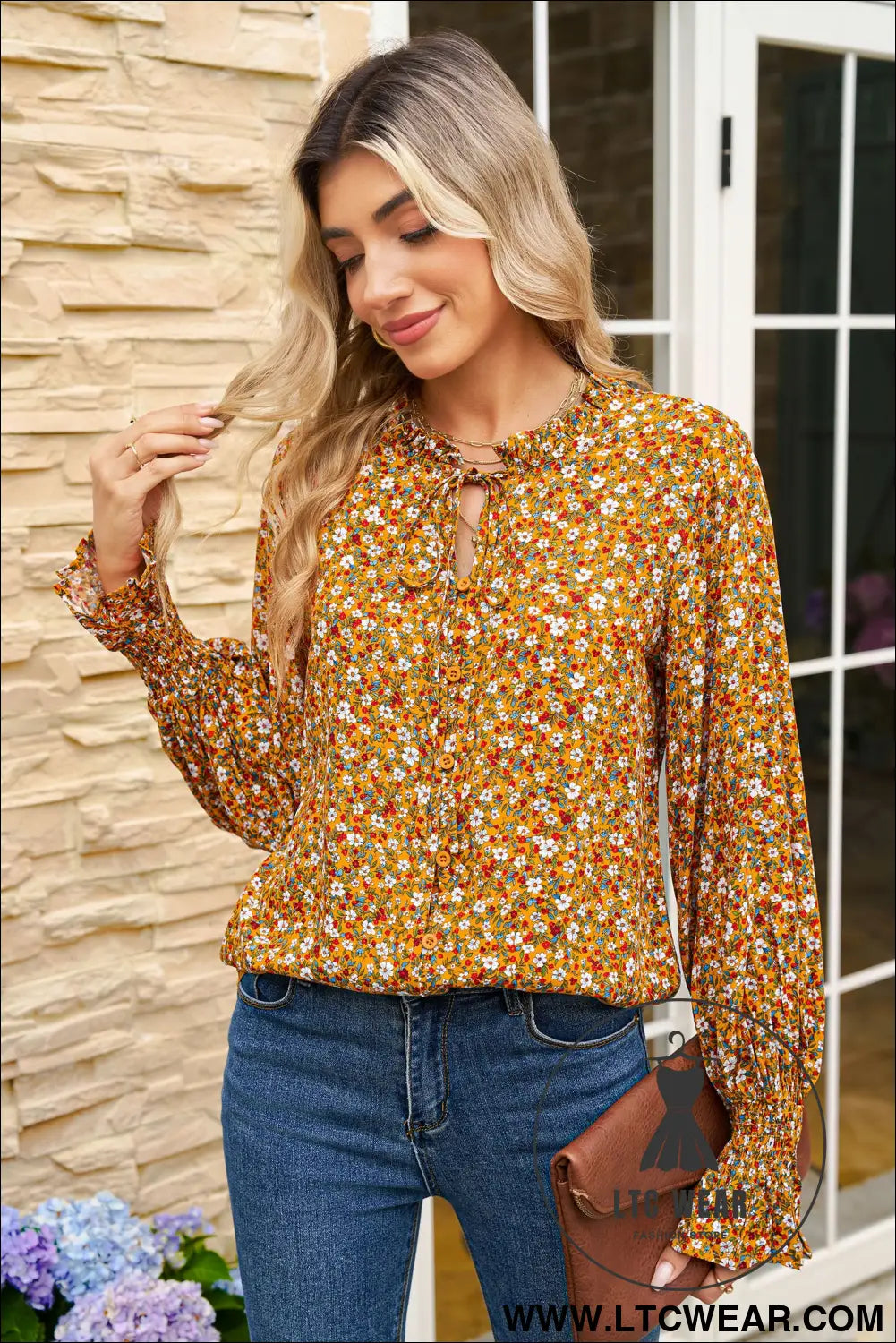 Orange Boho Floral Ruffled Bubble Sleeve V Neck Fall Blouse - L.T.C Wear Online Fashion Store