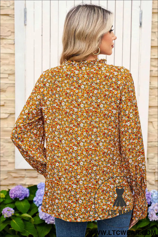 Orange Boho Floral Ruffled Bubble Sleeve V Neck Fall Blouse