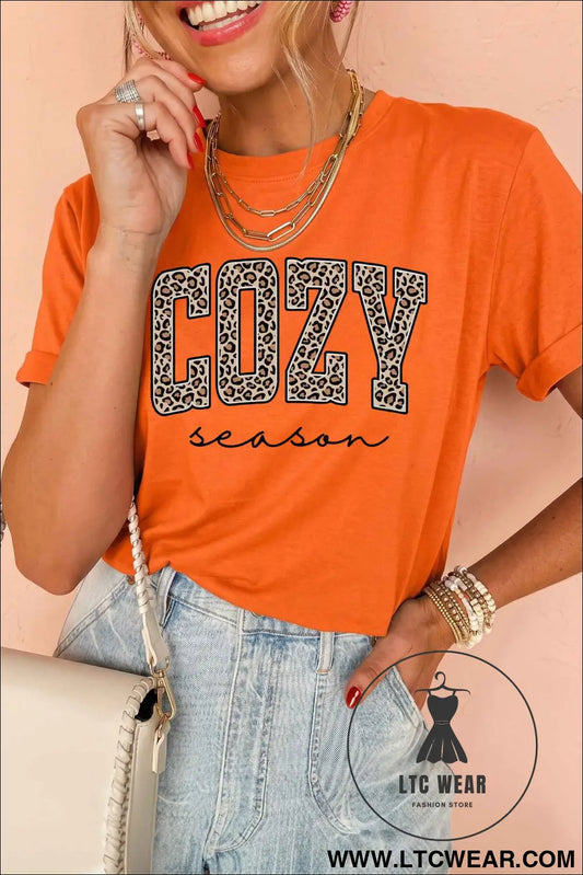 Orange COZY season Leopard Letter Graphic Casual Round Neck T Shirt