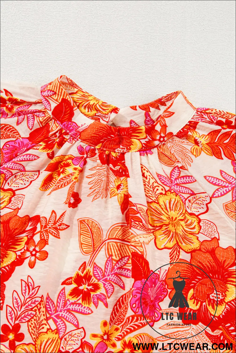 Orange Floral Print Pearl Button Keyhole Long Puff Sleeve Blouse - L.T.C Wear Online Fashion Store