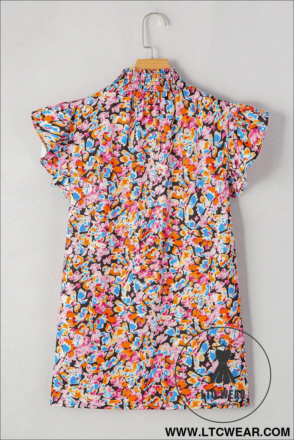 Orange Floral Print Shirred Stand Neck Flutter Shoulder Blouse - L.T.C Wear Online Fashion Store
