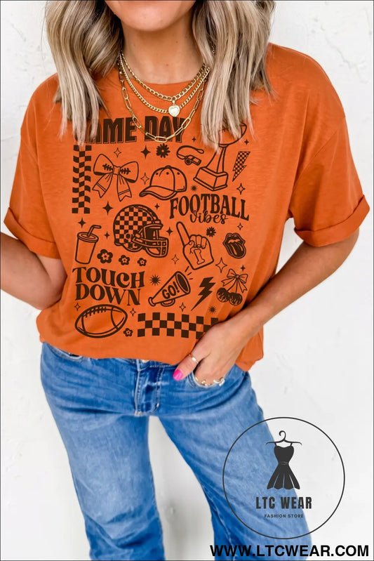 Orange Football Game Day Graphic Short Sleeve T Shirt