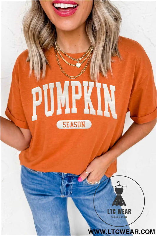 Orange PUMPKIN SEASON Letter Print Relaxed T Shirt