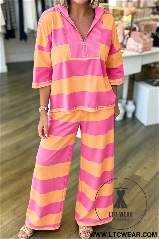 Orange Stripe Colorblock Half Sleeve Top Casual Loose Pants 2pcs Set