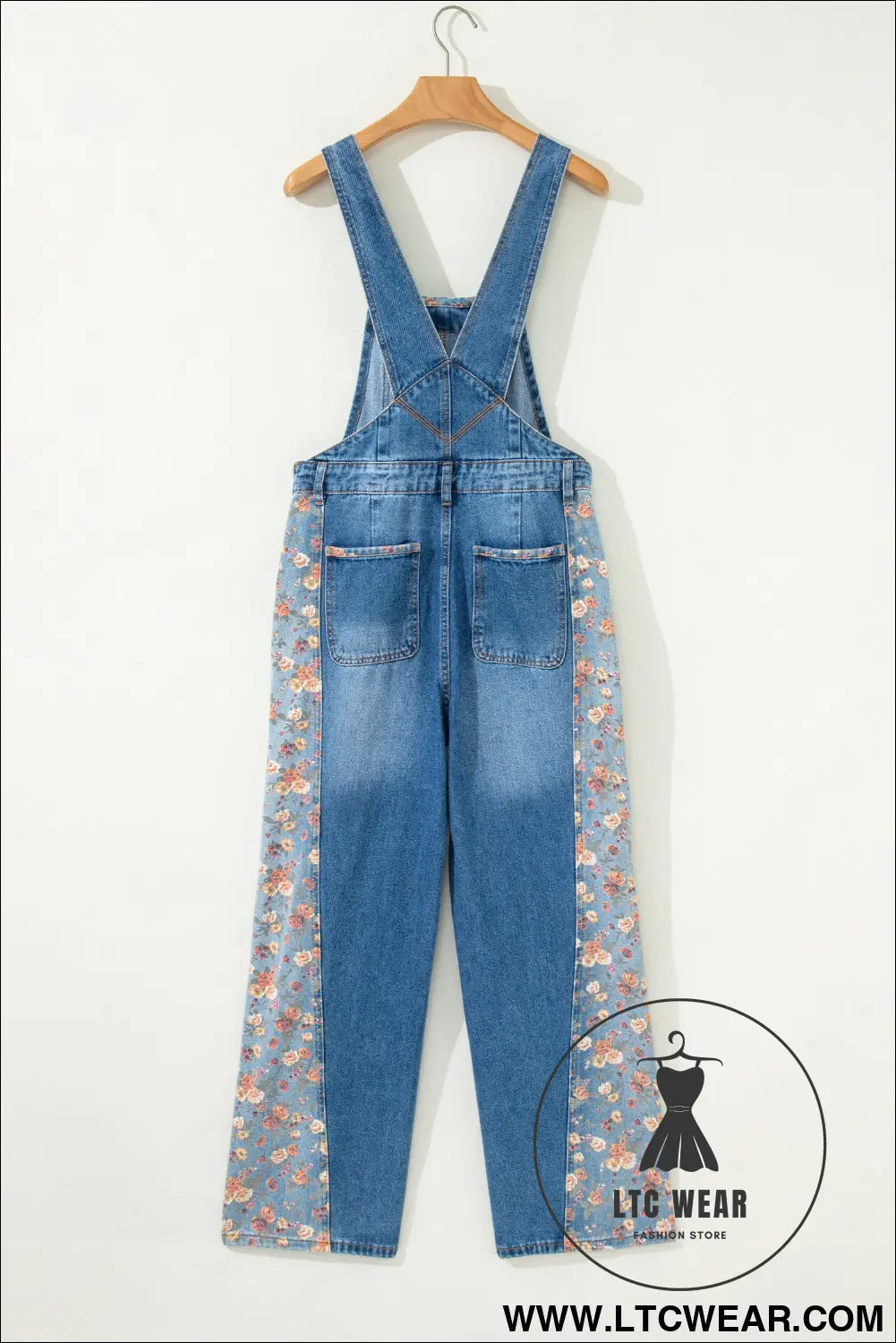 Peacock Blue Floral Patchwork Bib Denim Wide Leg Overalls - L.T.C Wear Online Fashion Store