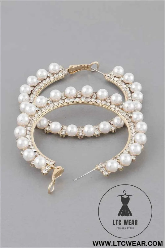 Pearl Lined Rhinestone Hoop Earrings