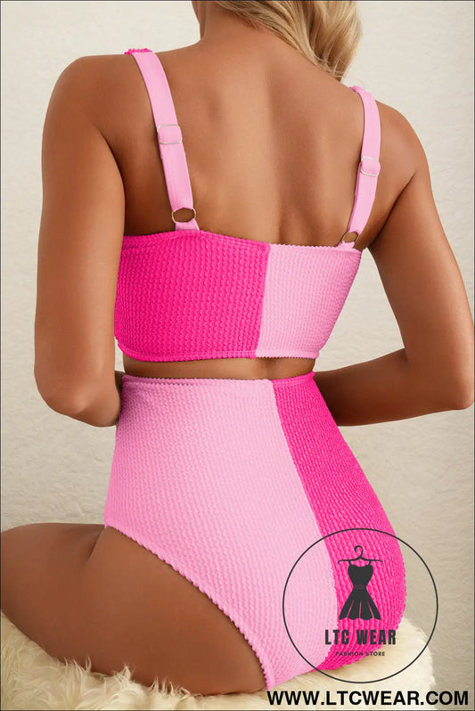 Pink corded colorblock square neck bikini swimsuit - bikinis