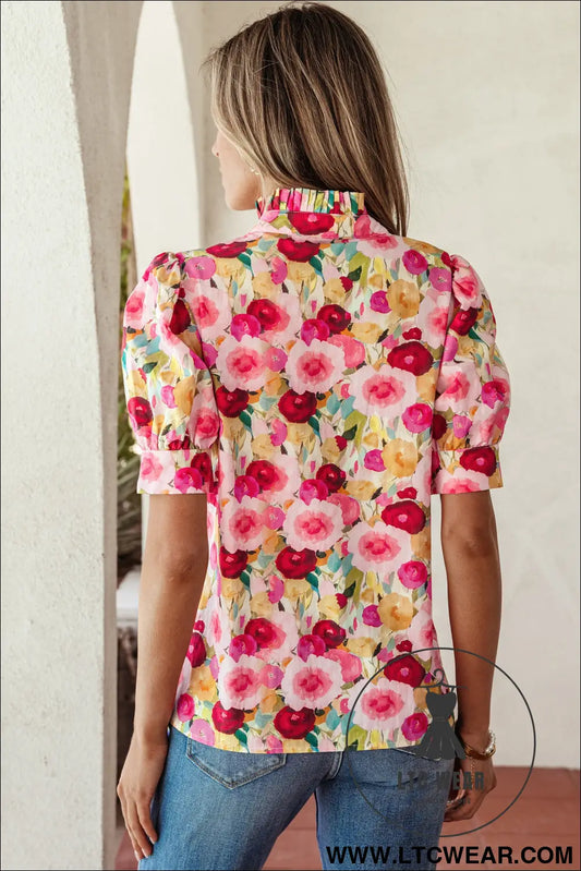 Pink floral frilled v neck puff short sleeve blouse - 20%