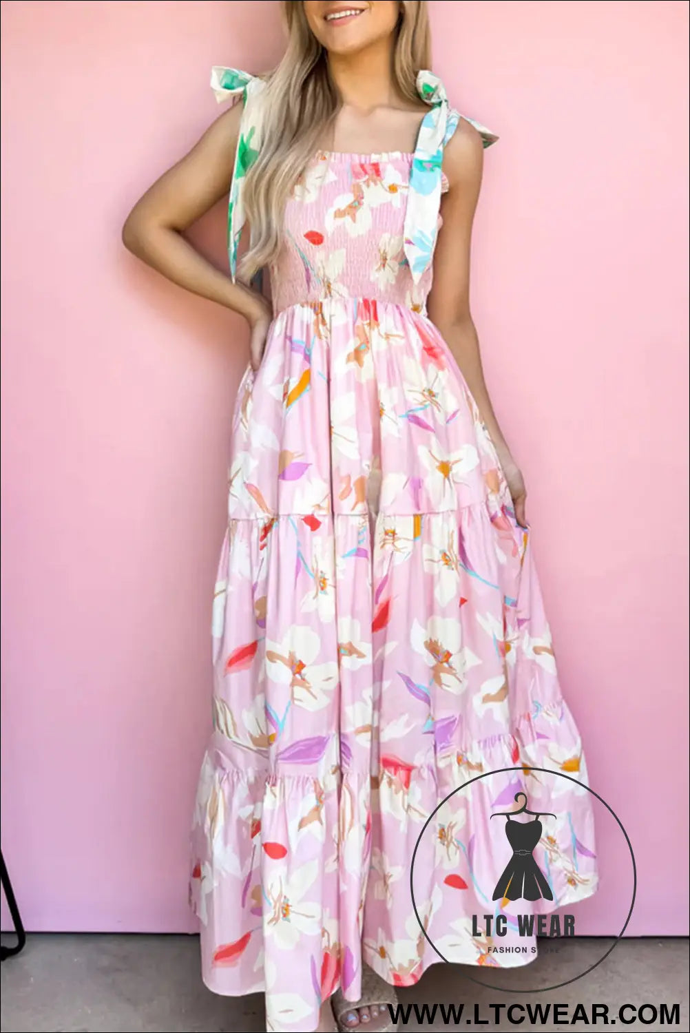 Pink Floral Print Knotted Shoulder Smocked Maxi Dress - L.T.C Wear Online Fashion Store
