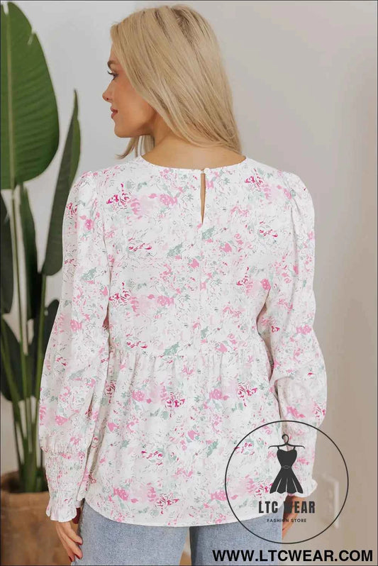 Pink Floral Print Shirred Balloon Sleeve Keyhole Back Babydoll Blouse