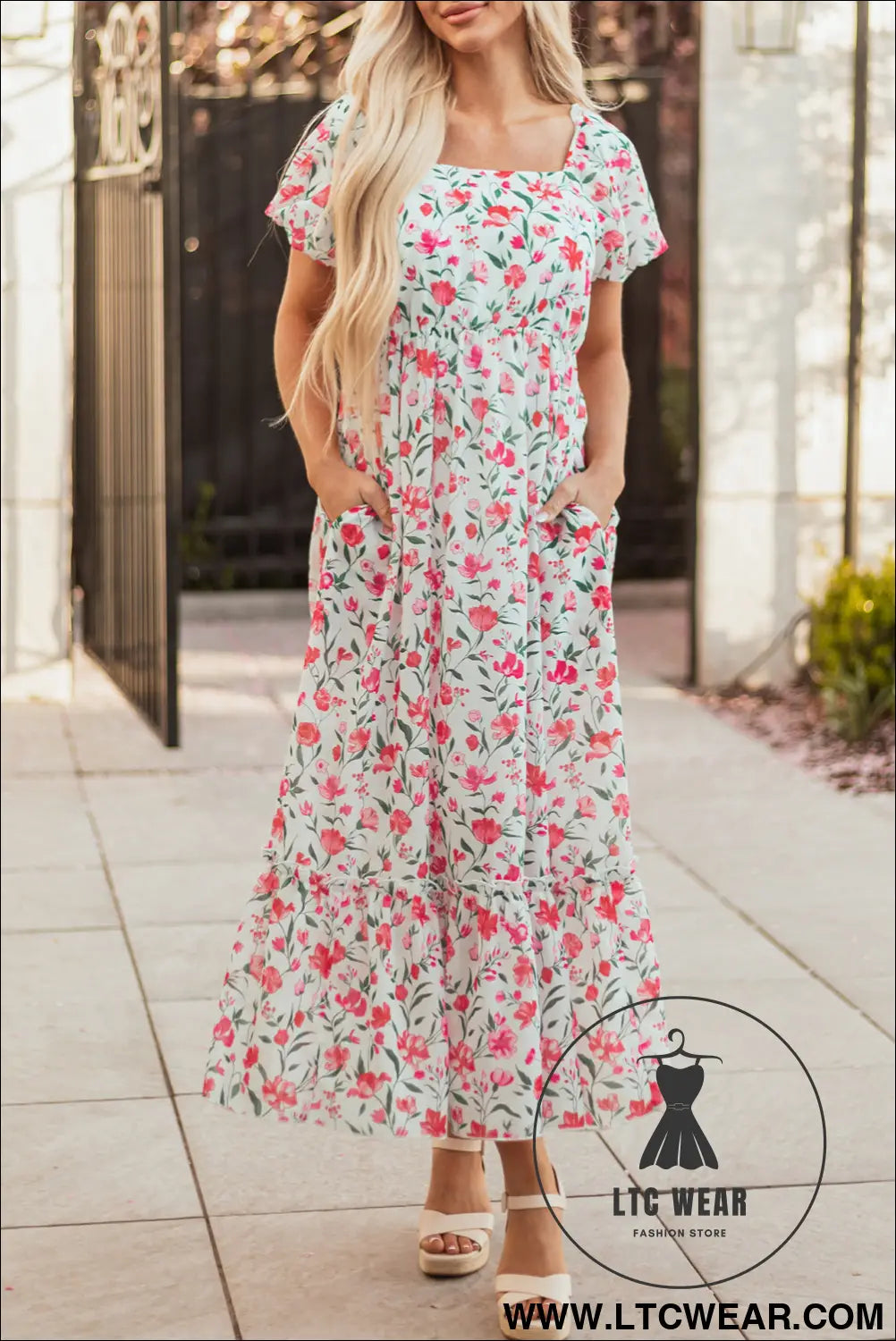 Pink Floral Puff Sleeve Square Neck Empire Waist Tiered Maxi Dress - L.T.C Wear Online Fashion Store