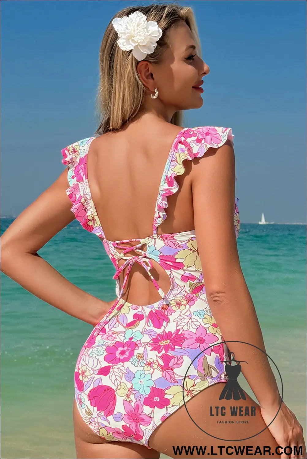 Pink Floral Ruffle Trim V Neck Backless One Piece Swimsuit - L.T.C Wear Online Fashion Store