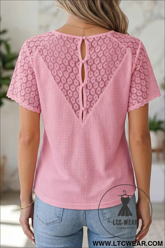 Pink Lace Splicing Button Cutout V Neck Waffle Knit Blouse