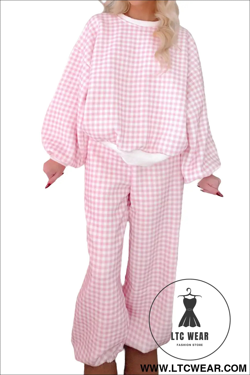 Pink Plaid Long Sleeve Two Piece Pant Set