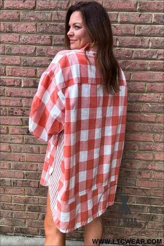 Pink plaid oversized raw hem long sleeve dress - 15%