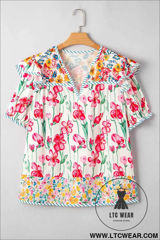 Pink Plus Size Floral Print Striped Trim V Neck Blouse