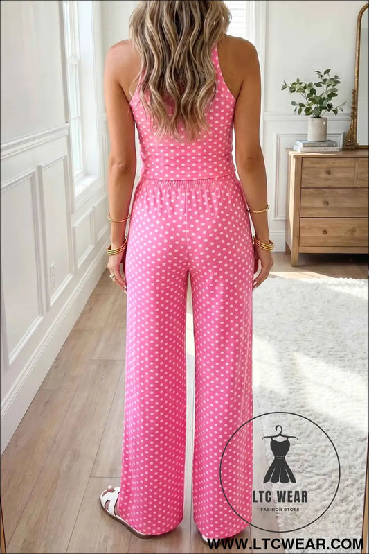 Pink Polka Dot Print Slim Tank Loose Pants 2pcs Outfit