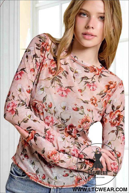 Pink Semi Sheer Crew Neck Long Sleeve Mesh Layering Top