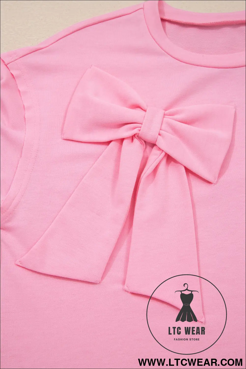 Pink Solid Color Raw Edge Bow Patch Loose T Shirt - L.T.C Wear Online Fashion Store