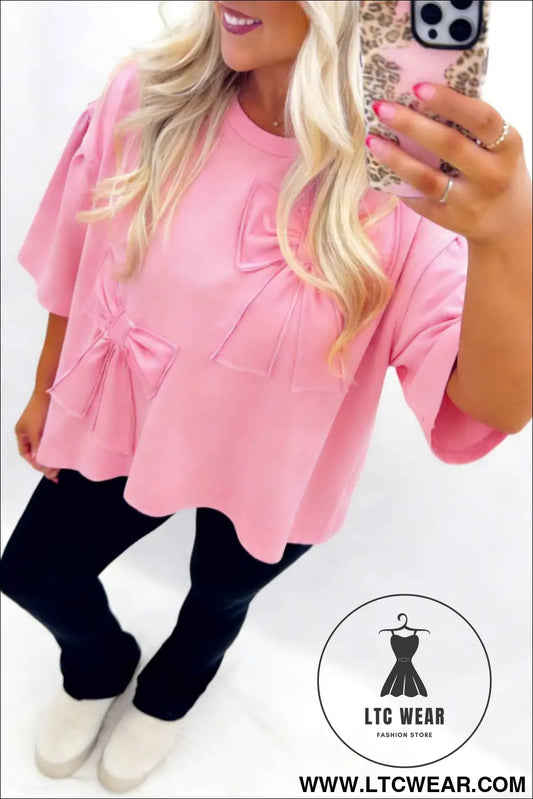 Pink Solid Color Raw Edge Bow Patch Loose T Shirt