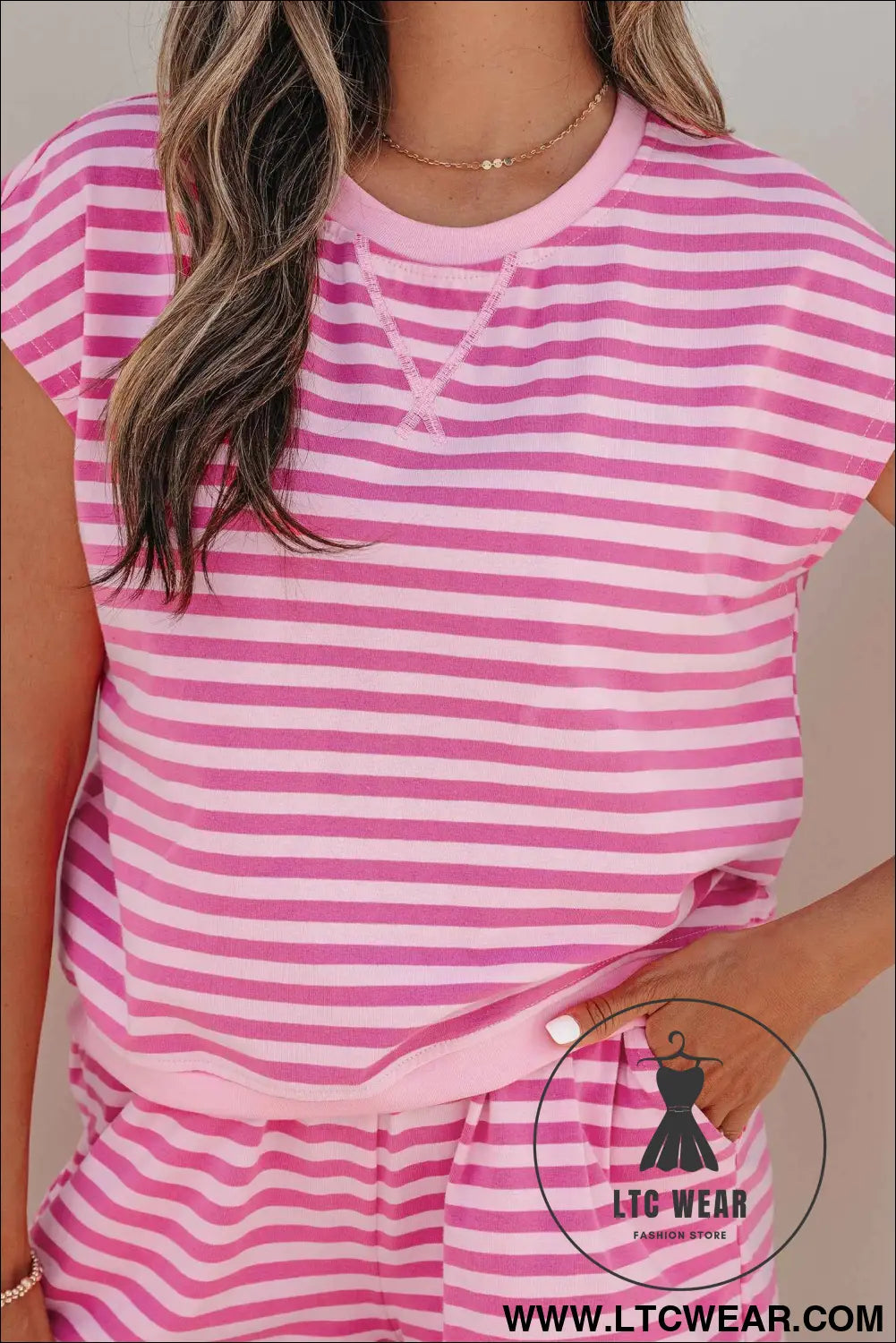 Pink Stripe Cap Sleeve Tee Elastic Waist Shorts 2pcs Outfit