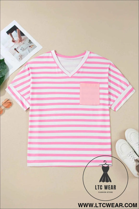 Pink Stripe Colorblock Patched Pocket V Neck Plus Size Tee