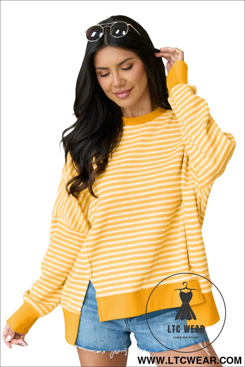 Pink Stripe Textured Knit Color Block Trim Split Hem Long Sleeve Top